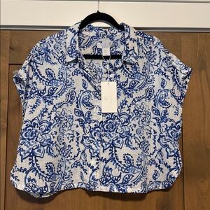 NWT Caroline Constas Linen blend Floral Cropped  Blouse Top Womens XL beach